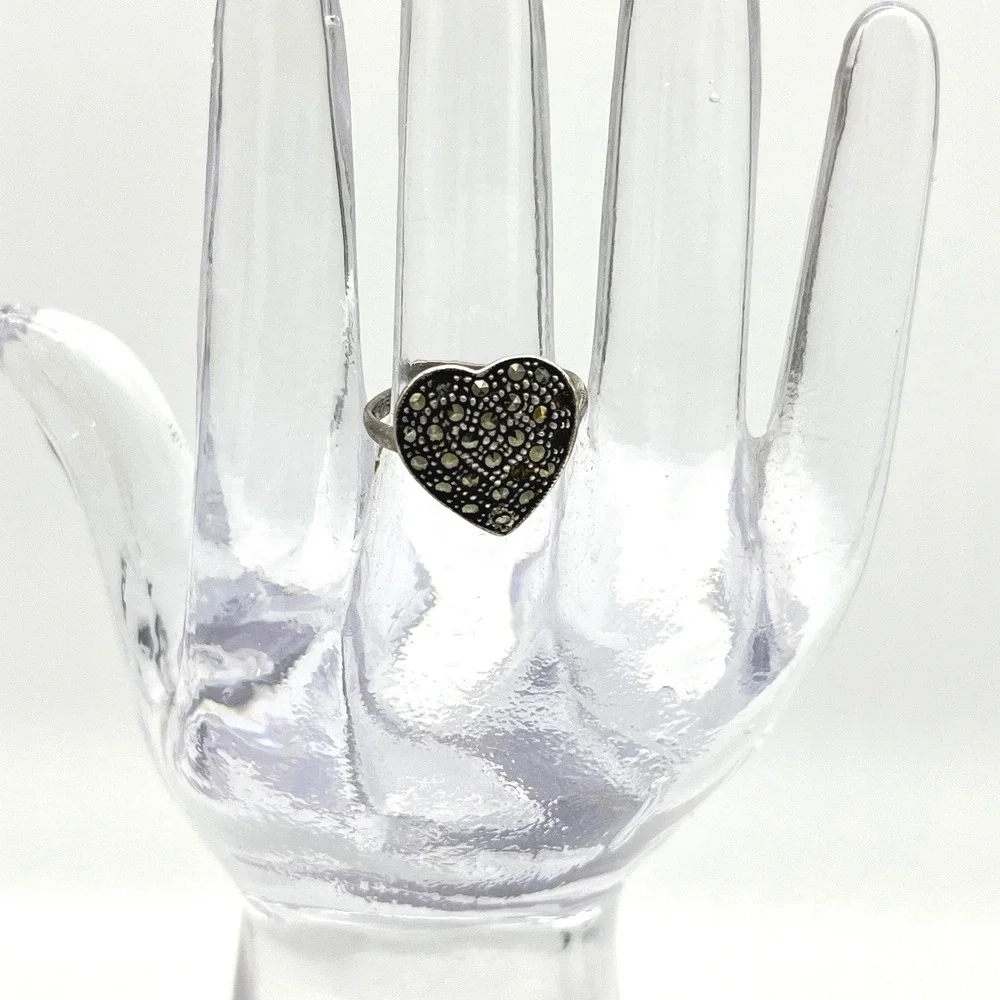 Sterling Silver Heart Ring Marcasite‎ Accent Vintage Flawed